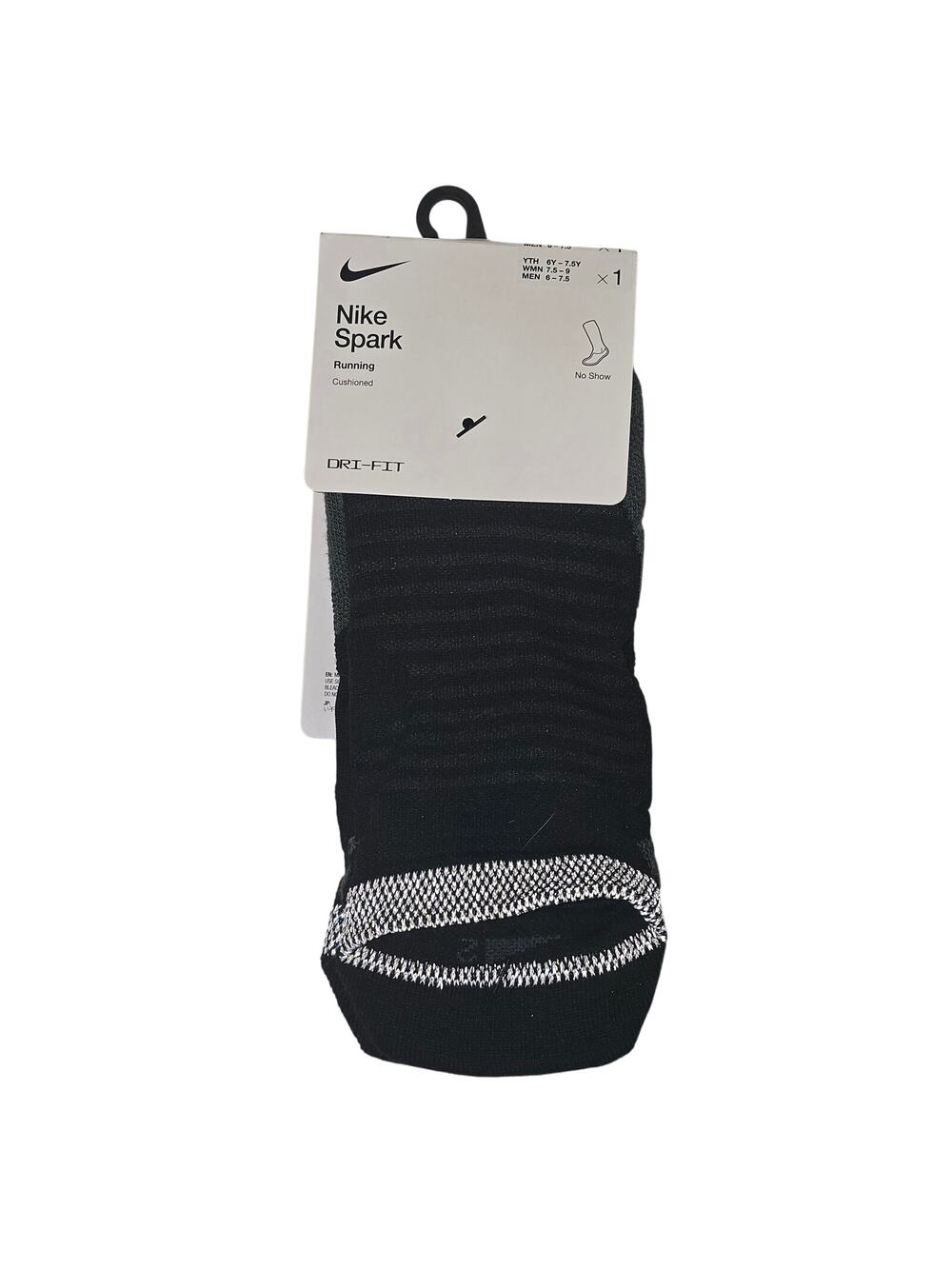 Nike Spark Running Cushioned No Show Socks Dri-FIT Black Size 6-7.5 NEW NWT